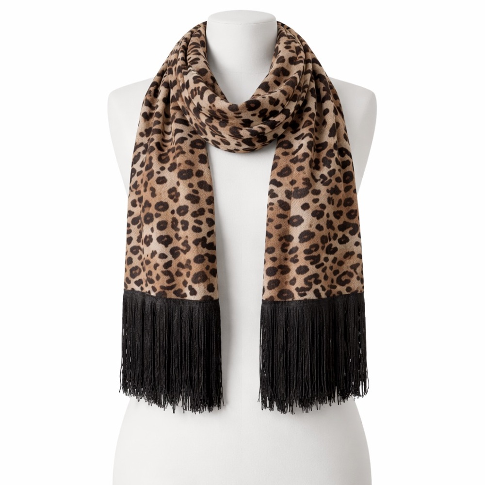 Leopard Print Scarf shawl with Black Fringe Tassels Y2K Mob Wife indie Festival